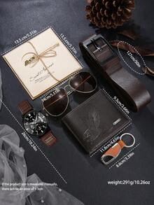 7pcs Men's Classic Fashion Casual Versatile Watch, Wallet, Belt, Sunglasses, Keychain, LED Light, Greeting Card Gift Set With Gift Box, Perfect For Him On Holidays, Birthdays, Father's Day, Daily Accessories - Brown - View 5