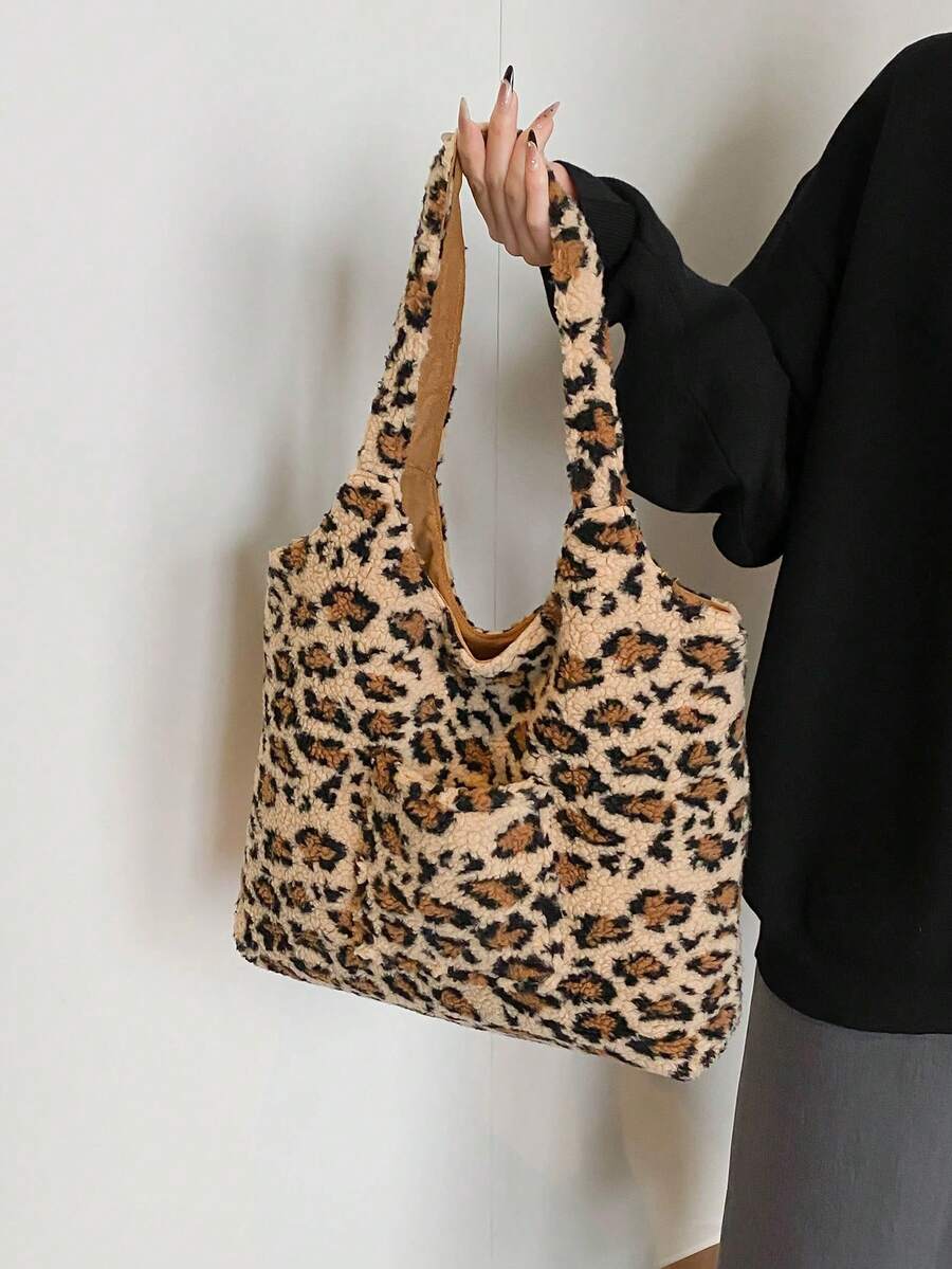 2025 Pluszowa, jesienno-zimowa, nowa, futrzana torba, dopasowana torba z nadrukiem w panterkę o dużej pojemności, modna torba na ramię, damska torba do pracy - Kolor khaki - Zobacz 1