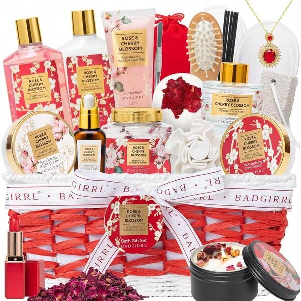 22Pcs Bath And Body Basket Set For Mother's Day Luxury Rose Cherry Blossom Spa Gift Basket For Women With Necklace Bath Bomb And More| Birthday Valentine's Christmas Gifts All Occasion