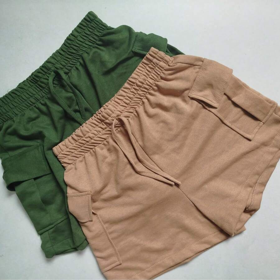 Set Of 2 Cargo Shorts With Side Pockets And Elastic Waistband. - caramel/xanh lá cây - Xem 1