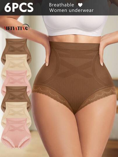 MEIYATING 6pcs Women High Waist Lace Trim Comfortable Briefs, Tummy Control, Peach Butt