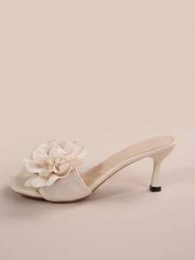 夏季花卉图案细高跟鞋，时尚网眼法式高跟凉鞋，适合约会、购物、通勤、商务、宴会、派对等场合。 - 米色 - 查看 2