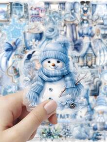 51 delar akvarell vinterklistermärken, blåvita snögubbe-snöflingor och mysiga djur i hattar, dekaler, för dagbok, gratulationskort, scrapbooking och presentdekor, julklistermärken