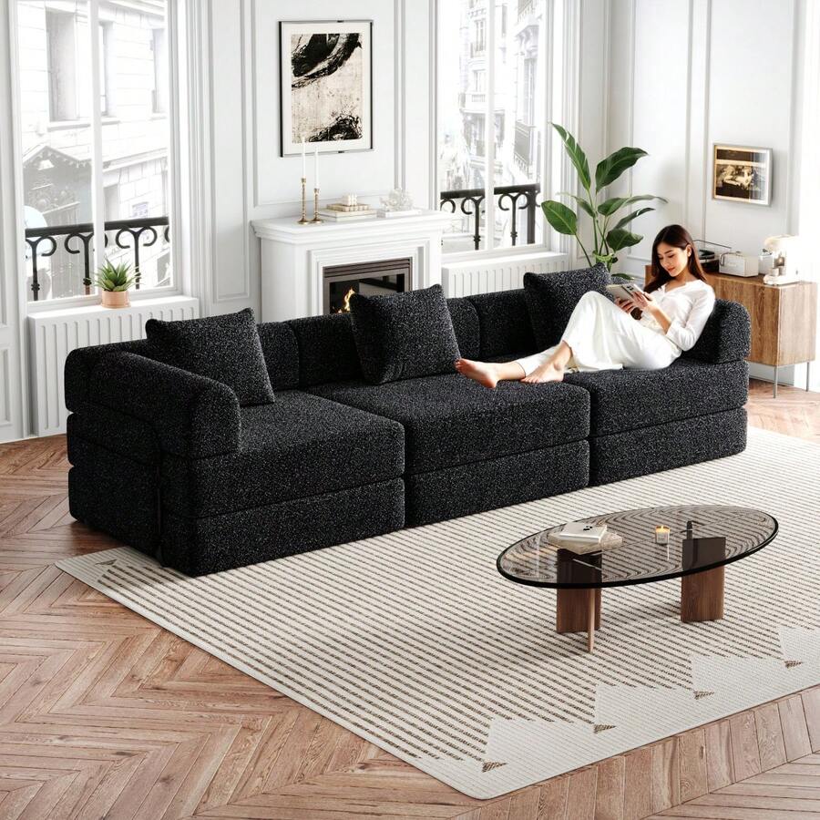 Chenille 2-In-1 Sofa Bed With Armrest Storage Pocket, Three Metal Frames And Multiple Configuration Options - Black + Chenille + 3 Seat - View 1