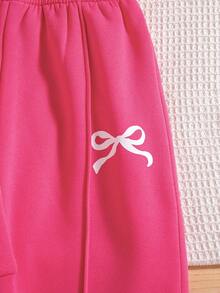 两件套少女休闲蝴蝶印花落肩圆领长袖卫衣长裤套装，保暖连帽衫和长裤，秋冬季 - 玫紅色 - 查看 8