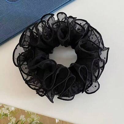 波点网纱荷叶边发圈，高品质花卉装饰发绳，休闲涤纶纤维发圈，四季皆宜