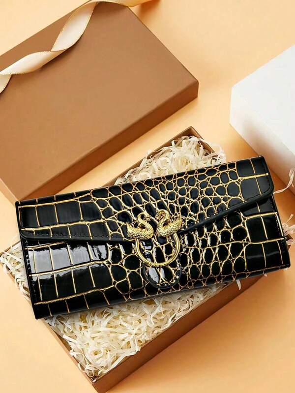 Portefeuille et porte-cartes vintage classique à trois volets avec décoration de rivets et motif estampé crocodile bicolore