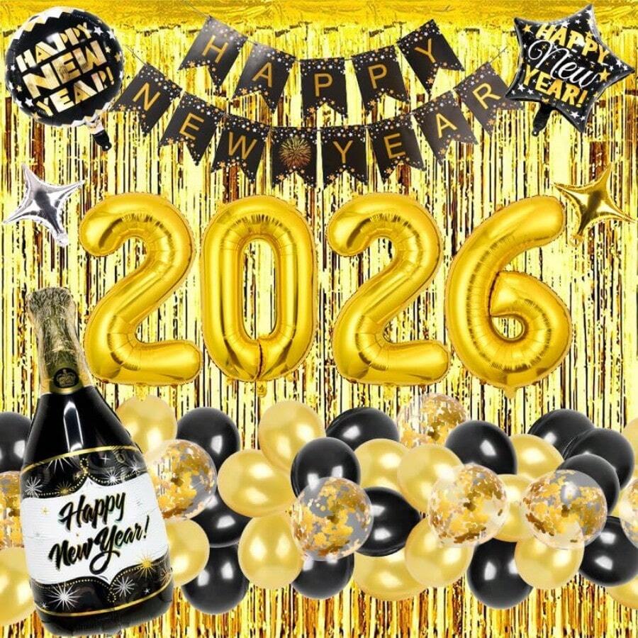 2026 New Year Party Decorations Set Black Gold Happy New Year Banner 2026 Foil Number Balloons Champagne Bottle And Star Balloon Gold Fringe Curtain Latex Confetti Balloons NYE Party Supplies
