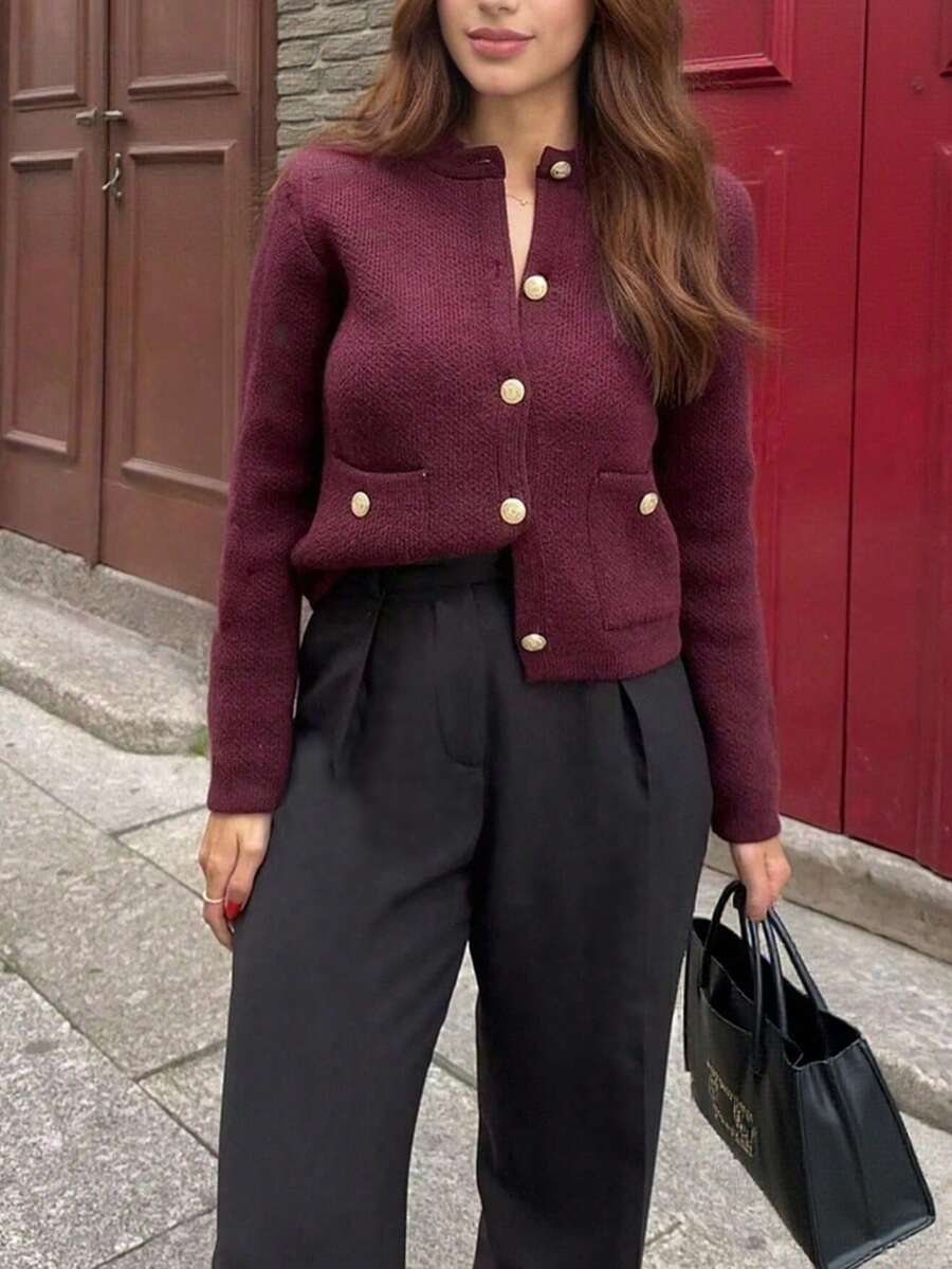 Seelio Autumn/Winter Minimalist Versatile New Gold Button Decor Knitted Cardigan - Burgundy - View 1