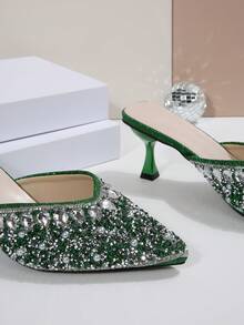 Tacones altos de mujer con puntera francesa, decorados con rhinestones, de estilo minimalista y elegante, apropiados para citas, ir al trabajo y viajes - Verde - Ver 6