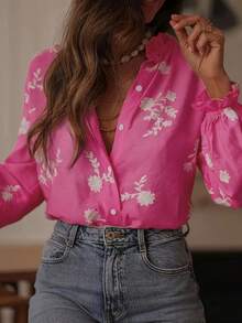 Bestselling Vintage Style Embroidered Ruffle Hem Women Blouse, Floral, Leaf Print, Botanic Button Embroidery Decor, Casual Spring - Hot Pink - View 4