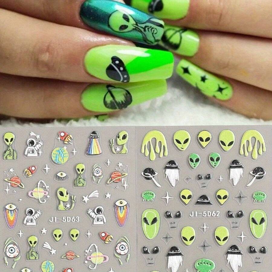 1pc 5D UFO, Alien, And Astronaut Space-Themed Nail Stickers - Self-Adhesive Green And Black Design, Perfect For Halloween Party Nail Decorations, Including Planets, Stars, And Cartoon Elements, Space Party Decorations. - JI-5D62 - Xem 1