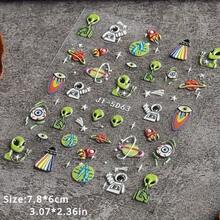 1pc 5D UFO, Alien, And Astronaut Space-Themed Nail Stickers - Self-Adhesive Green And Black Design, Perfect For Halloween Party Nail Decorations, Including Planets, Stars, And Cartoon Elements, Space Party Decorations. - JI-5D62 - Xem 4