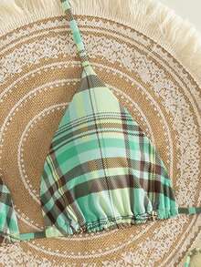 Bộ bikini ba mảnh kẻ caro thời trang dành cho nữ có dây rút thắt nút ở cúp tam giác, mang phong cách giản dị, ngọt ngào và gợi cảm, thiết kế hở lưng, hoàn hảo cho kỳ nghỉ ở bãi biển. - màu xanh lá - Xem 4