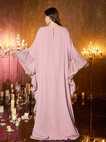 UNITHORSE Plus Size Women's [Random Cut] Stand Collar Batwing Sleeve Dress, New Luxury High-End Elegant Sequin Lace Patchwork Matte Satin Dress - Pink - View 3