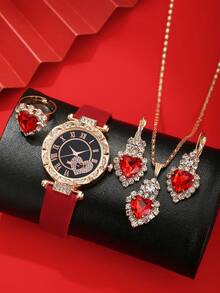 1pc Women's Elegant Quartz Watch With Rhinestone Bracelet + Jewelry Set, Ideal Gift For Christmas And Other Holidays - Red - View 4