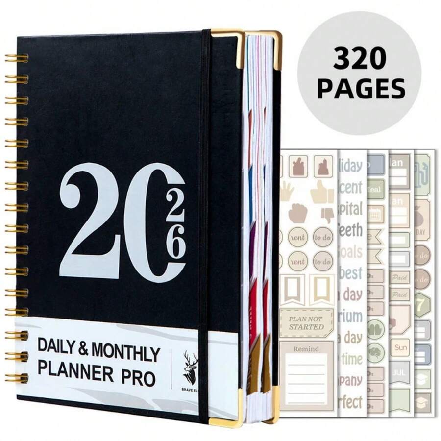 2026 Planner - 320 Pages - Weekly & Monthly Planner For 365 Days, With Stickers, Dual Stitching, Integrated Pockets, Includes Time Management Tools, Self-Discipline Strategies, And Daily Journal. English Notebook, Metal Spiral Notebook, Calendar, This Week Schedule, Office, Home, Study Supplies For Men & Women - Multicolor - View 1