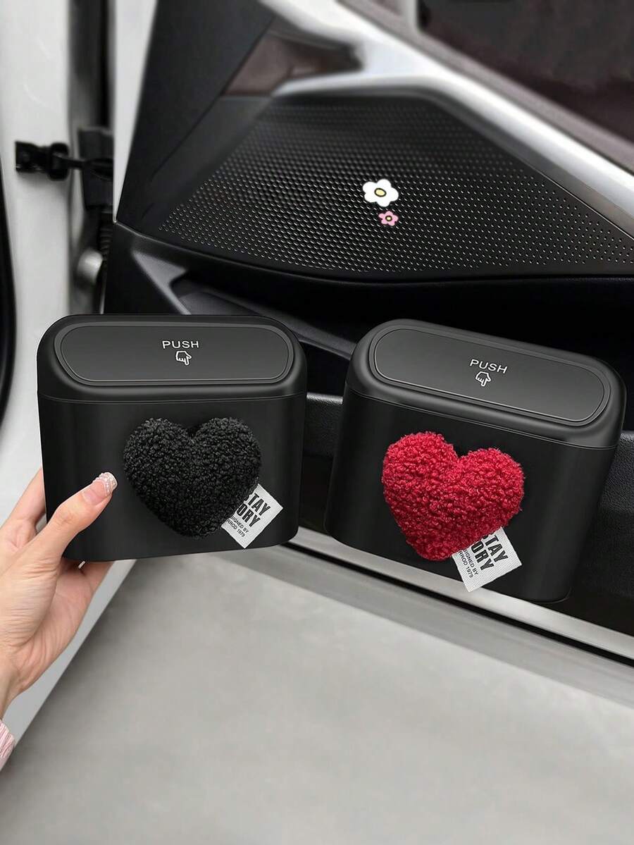 Cute Lamb Plush Heart-Shaped Car Trash Can, Hanging Style Storage Bin, Press Type Garbage Collector, Car Interior Accessories - one-size - View 1