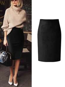 女士优雅通勤鹿绒拉链多功能A字半身裙，后开衩，无弹力，冬季款 - 黑色 - 查看 3