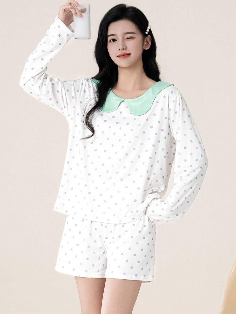 Conjunto de pijama feminino de 2 peças com estampa de bolinhas, blusa de manga comprida com gola Peter Pan e shorts. Roupa casual ideal para primavera, verão, outono, inverno e Dia dos Namorados. - Multicolorido - Ver 1