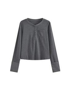 时尚半开领纽扣条纹长袖T恤，女士秋季新款百搭修身上衣 - 深灰色 - 查看 5