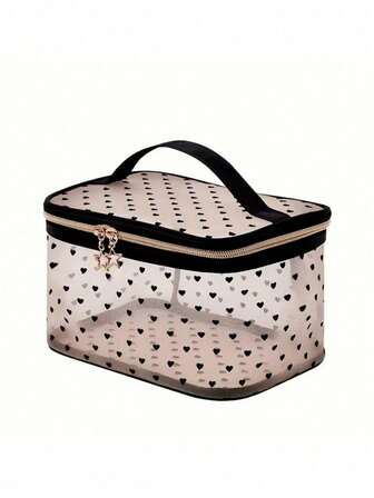 1pc Large Capacity Mesh Cosmetic Bag, Portable Handbag Toiletry Pouch, Heart Shaped, Great Valentine's Day Gift For Girlfriend