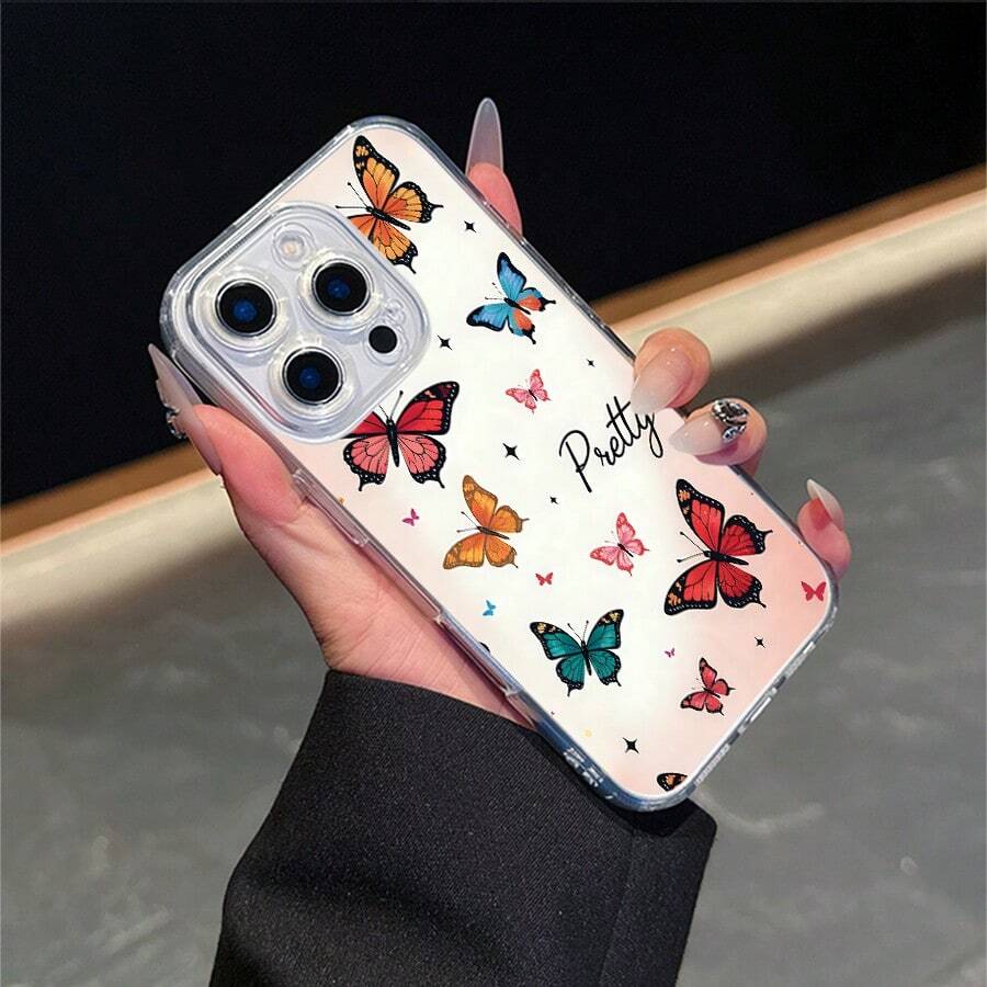 CLEAR CASE Many Colorful Butterflies And The Word PrettyCompatible With 11 To 17 Models The Cases Lens Protection Function Ensures The Camera Remains Undamaged During Shooting Guaranteeing Image Quality - Clear - View 1