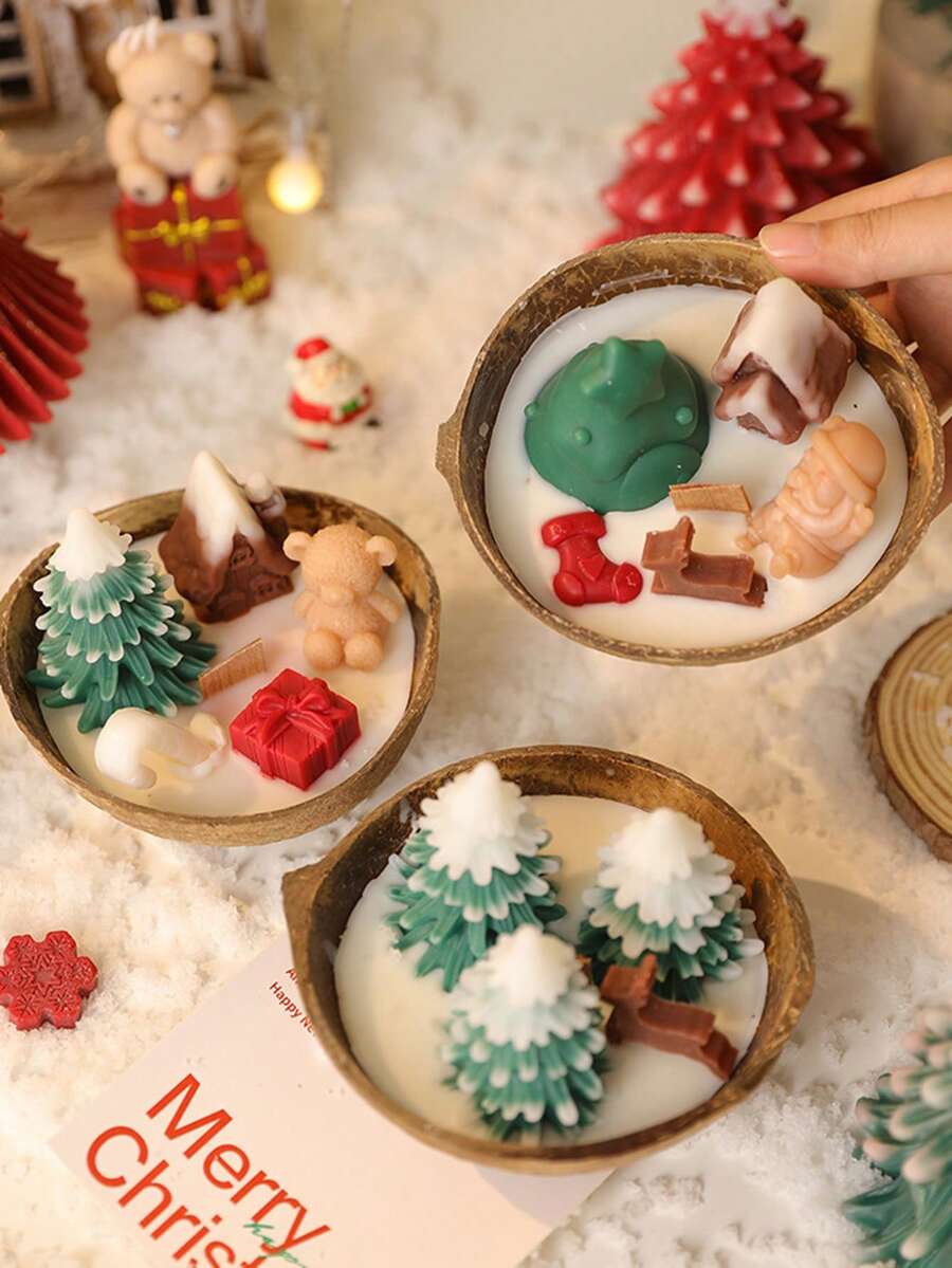 1pc Creative Coconut Bowl Christmas Candle Set, Variety Of Styles Candles, Scented Candles, Smokeless Candles, Cute Candles, Gifts, Souvenirs, Christmas Gifts, Winter Gifts, For Home Decor, Room Decor, Tabletop Decoration - Multicolor - View 1