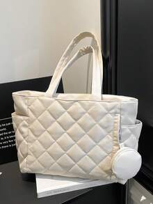 Große Kapazität Mode Stoff Tragetasche für Frauen, gesteppte Stickerei Rauten Baumwolle Umhängetasche mit Münzbeutel, 2 Stücke Set, geeignet für Einkaufen, Geldbörse, Büro, Universität, Arbeit, Geschäft, Pendeln, Outdoor-Aktivitäten, Reisen und Picknicks