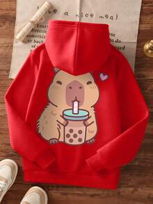 1件少女休闲印花套头卫衣，保暖内衬，长袖，秋冬季学生服装 - 紅色 - 查看 3