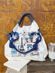 1pc New Fashion Embroidered Eiffel Tower Pattern Lightweight Foldable Nylon Tote Bag, Suitable For Party, Travel, Shopping And Beach Use