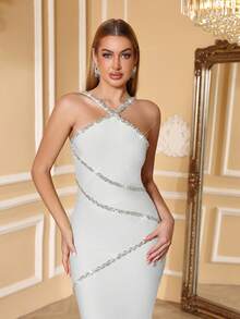 Love Aing Women's White Dress, Luxurious Wedding Guest Party Holiday Handmade Crystal Chain Halter Sexy Elegant Ball Gown, Romantic Formal Occasion Evening Dress Spring - White - View 8