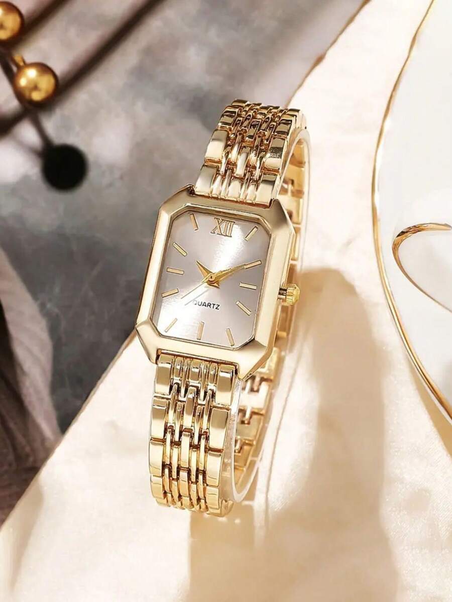 1件女款石英手錶,金色不鏽鋼錶帶,混色錶盤,極簡優雅石英手錶,適合日常配戴與各種節日禮物 - 白色 - 查看 1
