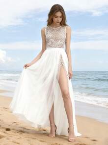 1pc Long White Lace Mesh High Slit Maxi Dress, Beach Wedding Gown, Casual Sheer Slim Design Party Evening Dress - White - View 2