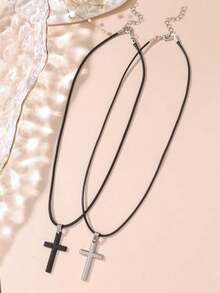 2pcs Couple Style Cross Pendant Necklace, Best Friends & Siblings & Lovers Memorial Cross Necklace - 黑色 - 查看 5