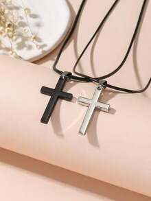 2pcs Couple Style Cross Pendant Necklace, Best Friends & Siblings & Lovers Memorial Cross Necklace - 黑色 - 查看 2