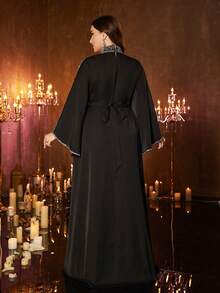 UNITHORSE Plus Size Women's Stand Collar Ruffle Sleeve Luxury Embellished Satin High Slit Maxi Dress, Perfect For Formal Occasions, Gala Dinners, Weddings, Awards Ceremonies, Etc. - Black - View 3