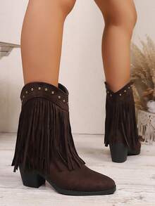 Zapatos de mujer, botas de moda para mujer, botines para mujer, nuevos botines slip-on para mujer, botines de estilo retro francés para mujer, botines de tacón grueso minimalistas y cómodos para mujer, botines marrones versátiles, botines de punta puntiaguda de ante para mujer - Marrón - Ver 5