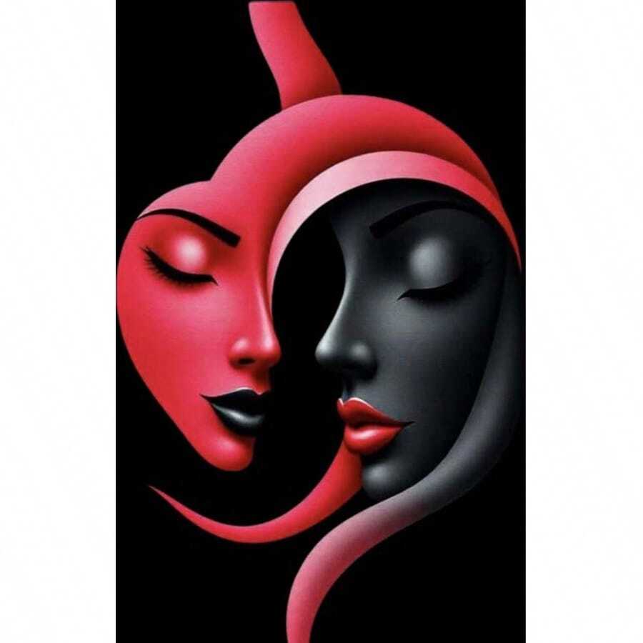 1pc 5D DIY Red & Black Abstract Face Diamond Painting Kit, For Adults Beginners, Diamond Art Home Wall Decor And Gift