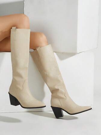 Women's Pointed Toe Embroidered Chunky Heel Mid-Calf Boots, Fashionable & Versatile For Autumn/Winter, Suitable For Valentine's Day, Halloween, Graduation Season, Dates, Shopping, Commuting, Parties