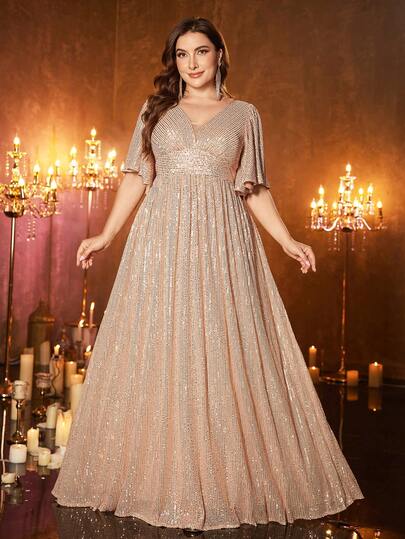 UNITHORSE Plus Size Women's Deep V-Neck Ruffle Sleeve Cinched Waist Sequin Elegant Party Evening Maxi Dress