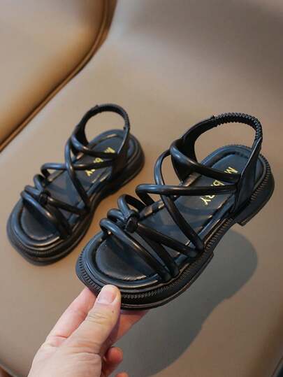 1 Pair Of Girls' Sandals, Cross Strap Decoration, PU Leather Material, Comfortable And Easy To Walk, Square Toe Low Cut, Buckle Strap, Flat Heel Style, Simple Retro Style Sandals, Suitable For Daily School And Shopping Trips In Summer