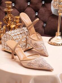 女士手工刺绣网纱珍珠尖头套脚轻便透气高跟鞋，新款情人节婚礼百搭派对性感优雅花卉刺绣珍珠高跟鞋