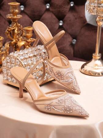 女士手工刺绣网纱珍珠尖头套脚透气高跟鞋，新款百搭婚礼派对性感优雅花卉刺绣珍珠高跟鞋