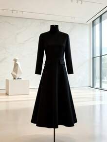 Women's Black Turtleneck A-Line Midi Dress - Asymmetric Hem Pockets Long Sleeve Formal Office All-Season - màu đen - Xem 4