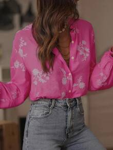 Bestselling Vintage Style Embroidered Ruffle Hem Women Blouse, Floral, Leaf Print, Botanic Button Embroidery Decor, Casual Spring - Hot Pink - View 6