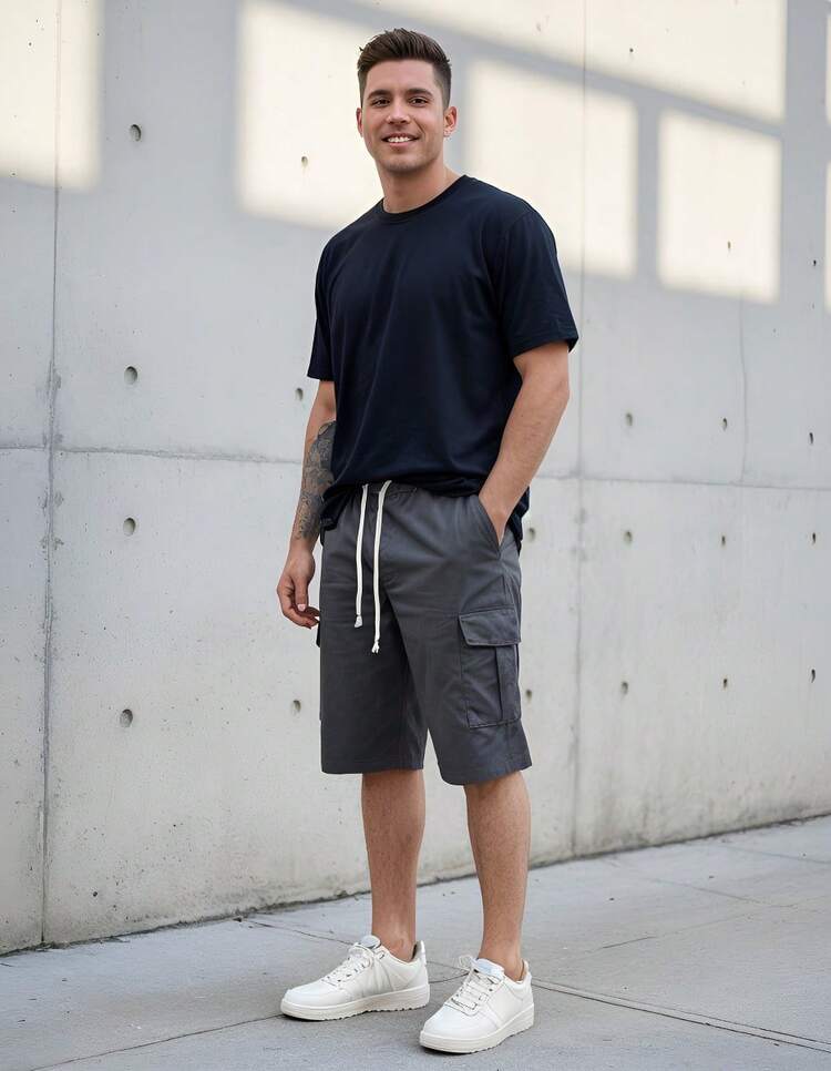 Kit Of 3 Men's  Gray Cargo Shorts, Wide Leg, Skate Shorts With Side Pockets, Dressy, Spring/Summer, Going Out, Twill, Streetwear - 黑色/灰色/冰藍色 - 查看 2