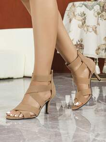 女士高跟凉鞋，卡其色女士高跟凉鞋，弹性交叉绑带罗马凉鞋，弹性后拉链罗马凉鞋，春夏穿搭 - 卡其色 - 查看 4