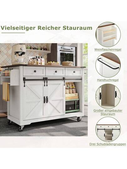 Kitchen Isl Serving Cart Countertop, Cabinet, Trolley, Food Four Doors Two Drawers, Wood Finish view 3