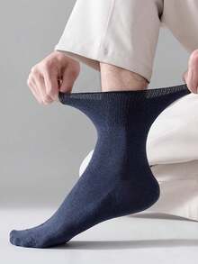 3 Pairs Men's Loose Top Breathable & Sweat-Absorbent Cotton Socks, Suitable For Thick Legs & Middle-Aged/Elderly, Navy Blue Mid-Calf Socks, Fall - Navy Blue - View 4